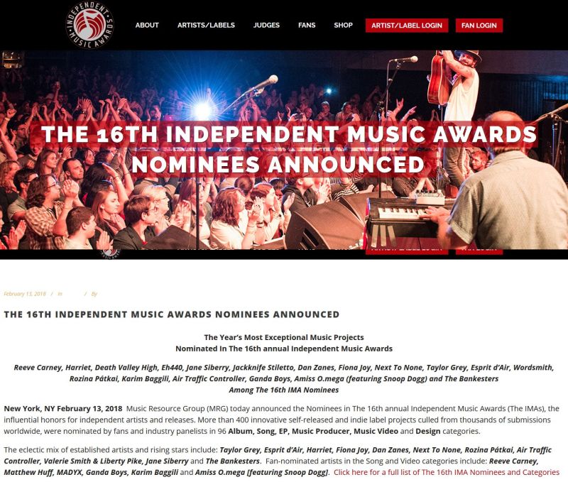 The 16th Independent Music Awards Nominees Announced